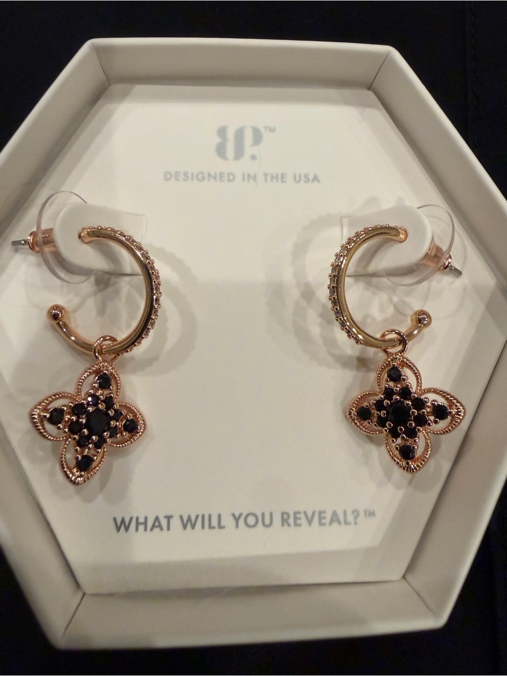 BOMB PARTY Rose Gold Hoop Earrings with Black Clover Drops